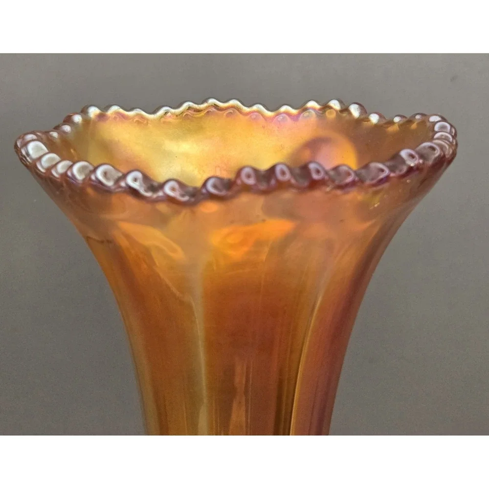 Vintage Swung Marigold Orange Iridescent Carnival Glass Vase B#33